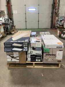lot 8 image: Massive Pallet of Brand Name Misc Faucets, Showers, Fixtures, Towel Bars, Bathroom Fans, Ceiling Fans, Lights, and More (Parts Only) (Great for eBay Sellers)