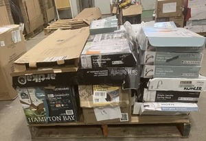lot 18 image: Massive Pallet of Brand Name Misc Faucets, Showers, Fixtures, Towel Bars, Bathroom Fans, Ceiling Fans, Lights, and More (Parts Only) (Great for eBay Sellers)