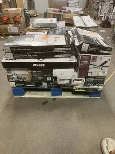 lot 21 image: Massive Pallet of Brand Name Misc Faucets, Showers, Fixtures, Towel Bars, Bathroom Fans, Ceiling Fans, Lights, and More (Parts Only) (Great for eBay Sellers)