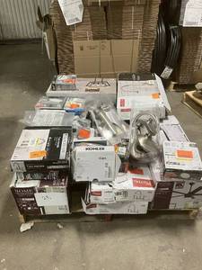 lot 28 image: Massive Pallet of Brand Name Misc Faucets, Showers, Fixtures, Towel Bars, Bathroom Fans, Ceiling Fans, Lights, and More (Parts Only) (Great for eBay Sellers)
