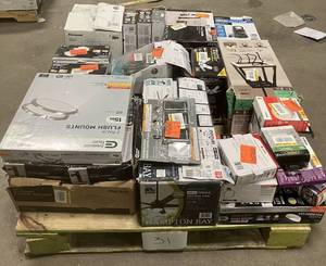 lot 31 image: Massive Pallet of Brand Name Misc Faucets, Showers, Fixtures, Towel Bars, Bathroom Fans, Ceiling Fans, Lights, and More (Parts Only) (Great for eBay Sellers)