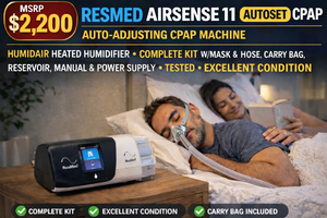 lot 2 image: MSRP $2,200 RESMED AIRSENSE 11 AUTOSET AUTO-ADJUSTING CPAP MACHINE wHUMIDAIR HEATED HUMIDIFIER WCARRY BAG, RESERVOIR (couple cracks at top), MANUAL, POWER SUPPLY, HOSE &amp MASK  EXCELLENT WORKING CONDITION