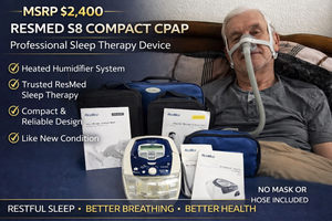 lot 8 image: MSRP $2,400 RESMED S8 COMPACT CPAP MACHINE  HUMIDAIRE 3i HEATED HUMIDIFIER  PROFESSIONAL SLEEP THERAPY DEVICE WCARRY CASE, MANUALS &amp POWER SUPPLY  LIKE NEW WORKING CONDITION  NO MASK OR HOSE INCLUDED