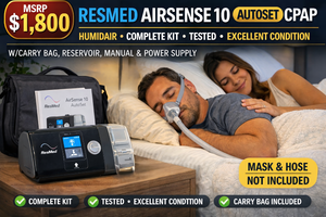 lot 11 image: MSRP $1,800 RESMED AIRSENSE 10 AUTOSET AUTO CPAP MACHINE wHUMIDAIR HEATED HUMIDIFIER PROFESSIONAL SLEEP THERAPY DEVICE WCARRY BAG, RESERVOIR &amp POWER SUPPLY - EXCELLENT WORKING CONDITION MASKHOSE NOT INCLUDED