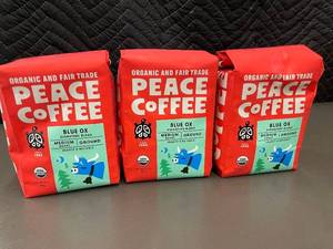 lot 209 image: Box R - Peace Coffee Blue Ox Signature Blend Ground Coffee 12 oz Bags (3-Pack)