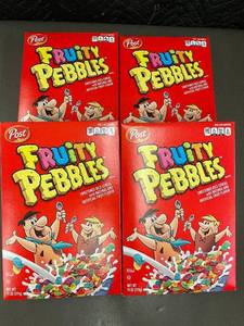 lot 320 image: Display - Post Fruity Pebbles Cereal 11 oz Boxes (Lot of 4)