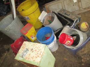 lot 282 image: Pile of 5-gallon buckets, metal and...