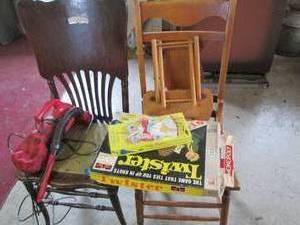 lot 182 image: Mismatch Vintage wood dining chairs...