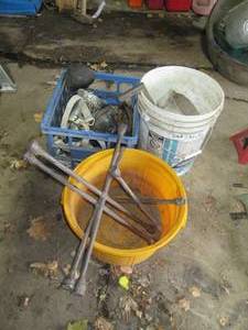 lot 233 image: Buckets and crate with 4-way tire i...