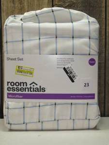 lot 25 image: Queen Microfiber Sheet Set Blue Grid - Room Essentials