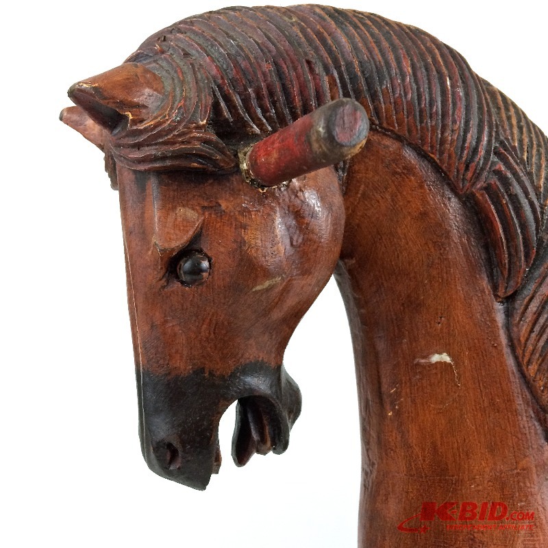 lot 1 image: Carved Wooden Rocking Horse with Leather Saddle