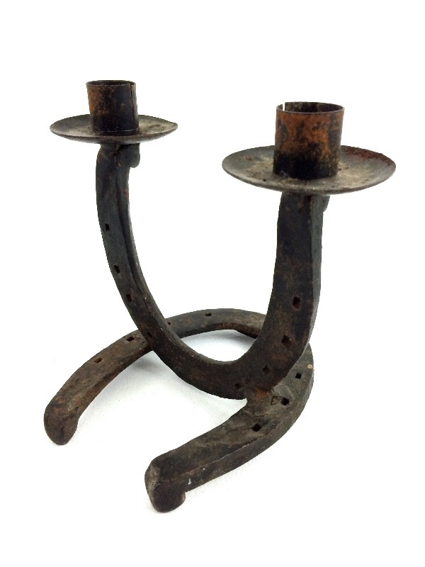 lot 4 image: Blacksmith Art - Wrought Iron Horse Shoe Candle Stand - One of a kind