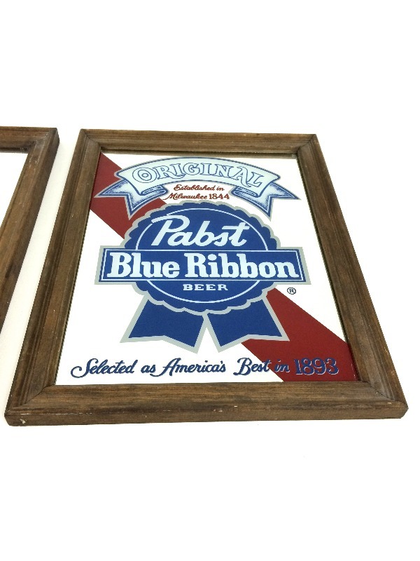lot 6 image: Bar Mirrors with wood Frames Pabst Blue Ribbon & Heineken Lager Beer