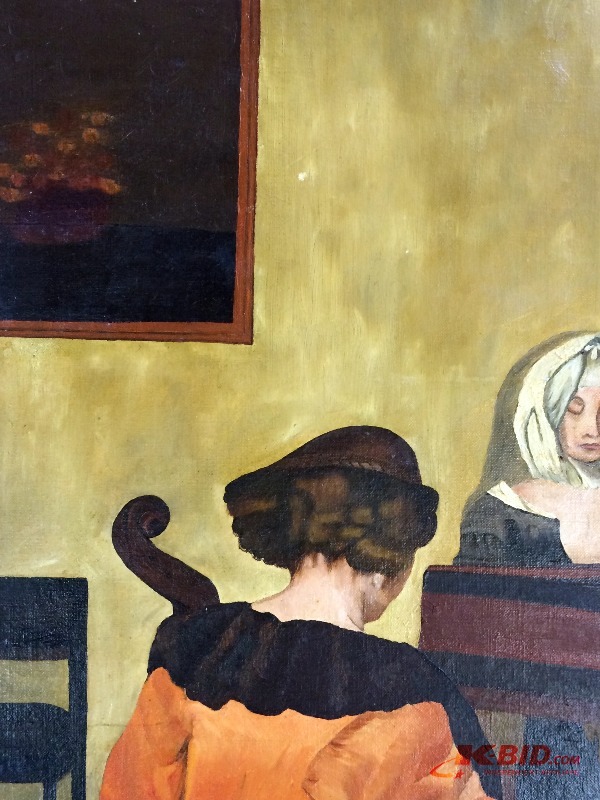 lot 34 image: Original Primitive Oil Painting of Two women playing a cello and a harpsichord