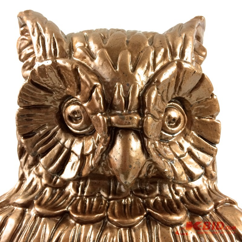lot 47 image: Large Owl sculpture made from chalk ware painted hammered bronze