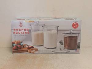 lot 153 image: NEW ANCHOR HOCKING GOODE SUNDRY JAR GLASS 3PC