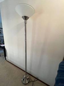 lot 13 image: Torchiere Floor Lamp - White Glass Shade, Chrome Stem, 60 in Tall