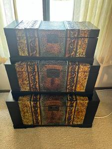 lot 18 image: Decorative Black Storage Chests - 3-Piece Set Containing Gift Wrap Supplies