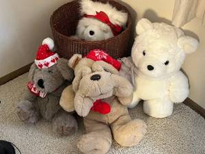 lot 20 image: VTG Dayton Hudson Santa Bear in this 4-Piece Plush Bear & Dog Set - White Polar Bear, Grey Bear, Tan Dog & White Dog