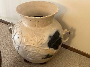 lot 24 image: Large Floor Decorative Ceramic Vase - Floral Embossed Relief, 26 x 26 in