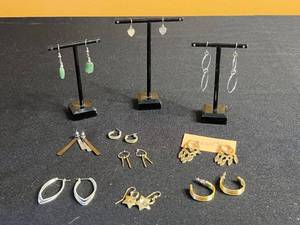 lot 38 image: Lot of Earrings Inc Monet Gold-Tone Crystal Heart Earrings with Green Stone Drops & Dangling Hoops