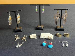 lot 40 image: Boho Jewelry Assortment Turquoise Stone Drops, Pearl Drops, Beaded Dangles & Frog Motifs