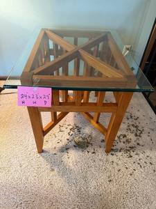 lot 42 image: End Table with Glass Top, Criss-Cross Wood Frame, 24 x 23 x 29 (H x W x D)