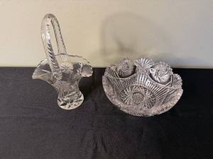 lot 45 image: Crystal Cut Glass Basket with Handle & Matching Bowl Set