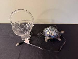 lot 46 image: Crystal Cut-Glass Pedestal Compote Bowl with Handle & Turtle Mosaic Glass Lamp