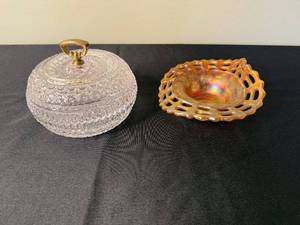 lot 47 image: Fenton Marigold Carnival Glass Basketweave Open Lace Bowl & VTG Crystal Glass Covered Bowl with Lid