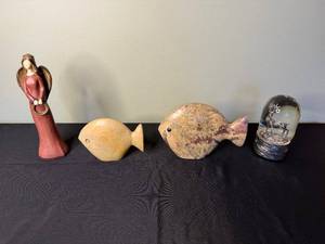 lot 48 image: Decorative Figurine Lot - Angel, Fish Sculptures & Snow Globe (Lot of 4)