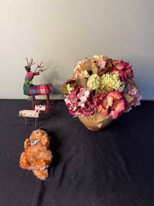lot 53 image: Hydrangea Bouquet Decor with Plaid Reindeer & Plush Bear, Holiday Display