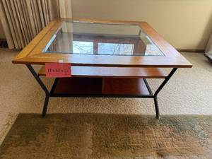 lot 54 image: Coffee Table - Glass Top, Wood Frame with Inlay Border - 38 x 38 in, 17 in