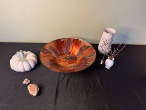 lot 55 image: White Ceramic Pumpkin with Glass Stem, Glazed Plate & Floral Vases - Mantel Decor Set