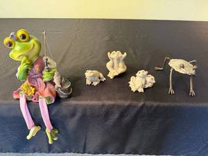lot 60 image: Frog Figurines - Large Green Frog with Fishing Rod, Small Stone Frogs, Metal Frog Sculpture