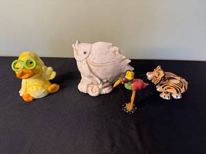 lot 61 image: Assorted Animal Figurines Rubber Duck w Goggles, White Bird, Flamingo w Parrot, Tiger Figurine Candle Holder