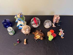 lot 64 image: Owl Figurine & Holiday Trinkets - Snow Globes, Birdhouse, Candles & More