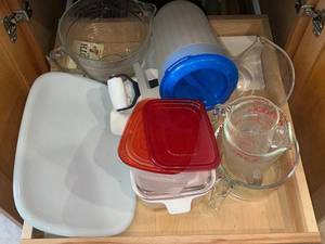 lot 81 image: Pyrex Glass Measuring Cups (2) - Pitcher, Floral Covered Dish & Kitchenware Set