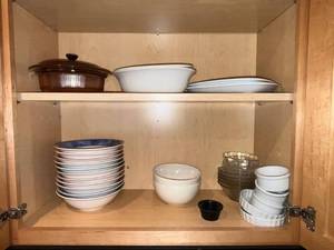 lot 89 image: Ceramic Dinnerware Set - White Bowls, Patterned Rim Plates, Glass Bowls, Brown Covered Casserole