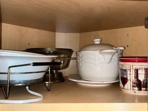 lot 105 image: White Ceramic Casserole Dish With Lid On Metal Warmer Stand Vintage Kitchenware Set