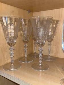 lot 123 image: Crystal Wine Glasses with Etched Pattern and Beaded Stems