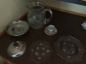 lot 131 image: Crystal Glassware Set - Cut-Crystal Pitcher, Teacup & Saucer, Octagonal Plates, Lids