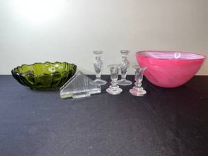 lot 136 image: Crystal Glassware Set - Green Scalloped Bowl, Pink Swirl Bowl, Clear Candlesticks, Pyramid & Wedge