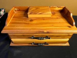 lot 138 image: Wooden Jewelry Box - 3 Drawers - Blue Felt Interior - 16 x 8 in