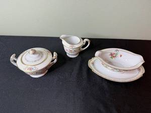 lot 163 image: Went Worth China DresRosa - 3pc Porcelain Serving Set Lidded Sugar Bowl, Creamer & Compote Dish