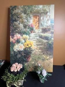 lot 185 image: Garden Path Floral Canvas Painting - 36 in Tall & 2 Faux Flower Arrangements Included