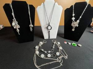 lot 192 image: Lariat Pendant, Silver-Tone Multi-Charm Set with Tassel Necklaces & Clip On Pendants Set
