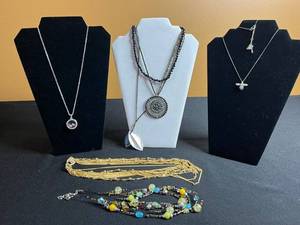 lot 193 image: Silver Toned Black Disk Pendant w Assorted Necklace & Pendant Jewelry Lot - Silver & Gold-Tone Beads