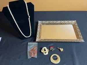 lot 196 image: Faux Pearl Necklace, Gold-Tone Jewelry, Red Coral Necklace & Ornate Dresser Mirror Tray