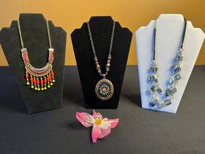 lot 203 image: Boho Tiered Beaded Bib Necklace, Circular Yellow & Blue Crystal Pendant Necklace, Long Bead Necklace & Pink Flower